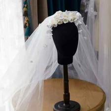 Long Beige Flower Veil with Comb for Women Tulle Wedding Dress Accessories
