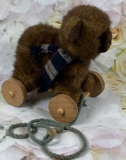 Brown Bear Wooden Wagon APPLAUSE Plush Wheels PULL Toy Vtg 1986 Stuffed Animal