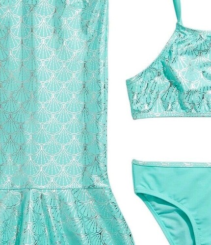 3 Piece Girls Swimsuit Mermaid Tail Tankini Bikini Skirt Cover Up 12 14 XL NWT - Picture 2 of 5