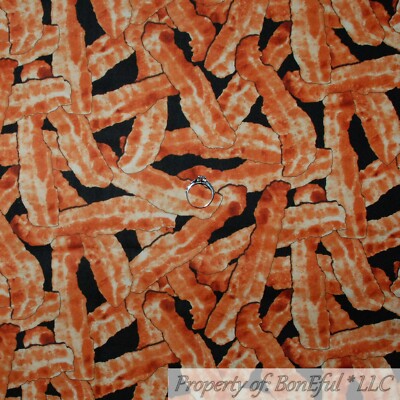 BonEful Fabric FQ Cotton Quilt Black Brown Red Bacon Pig Farm Breakfast Food Kid