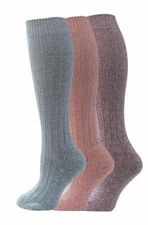  Ladies Boot Socks Long Wool Mix 3 Pair Pack Padded Sole Walking Welly Size 4-7