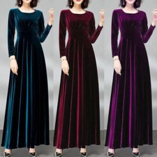 Women Velvet Dress Crew Neck Pleated Stretchy Cocktail Elegant Plus Size