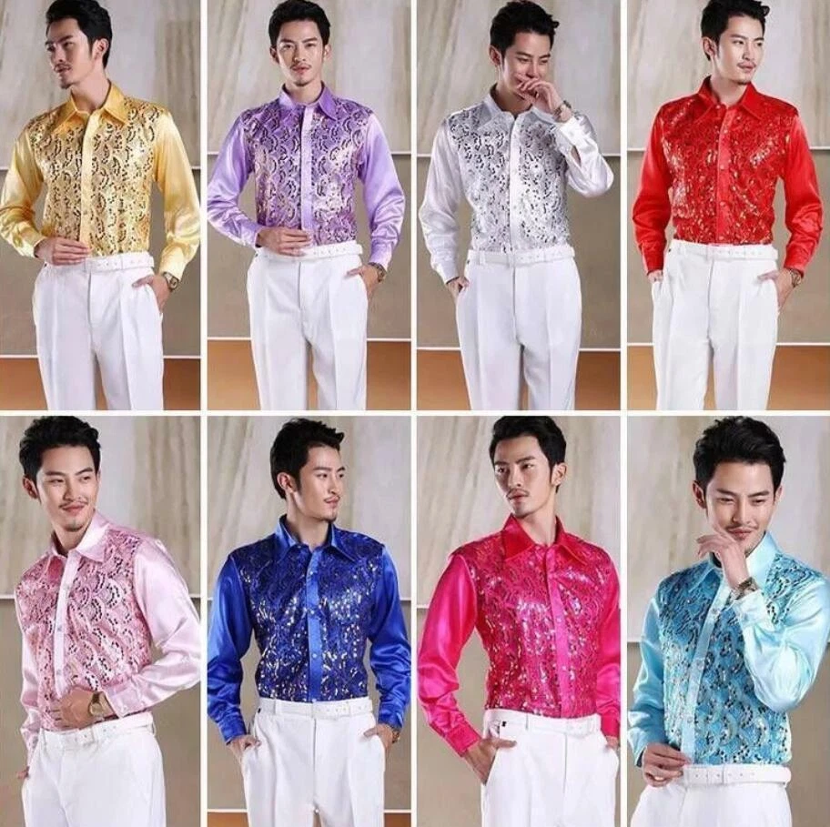 Camisa social masculina lantejoulas dança manga longa slim fit fantasia oca moda - Imagem 3 de 4