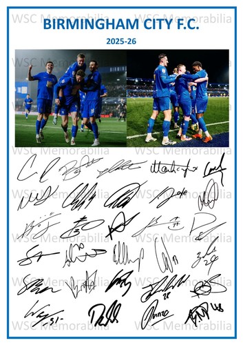 12216. 2025-26 Birmingham City Signed Team Photo Sheet (PRINTED AUTOGRAPH - A4)