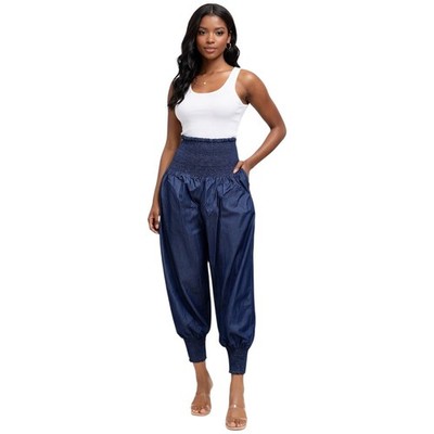 Women s Navy Blue Boho Harem Denim Print Pants Smocked Waist Relaxed Fit