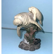 Mother Manatee & Baby Swimming Around Reef Resin Sea Cow Old Shoe Silver Fish