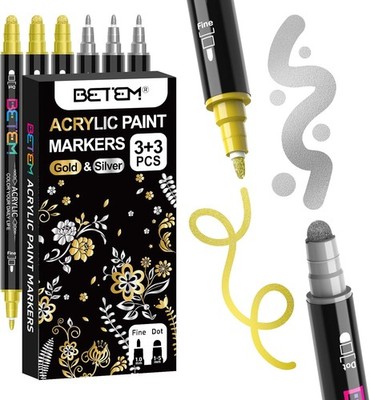 6 Gold&Silver Dual Tip Acrylic Paint Markers, Fabric Decorating Kits Premium