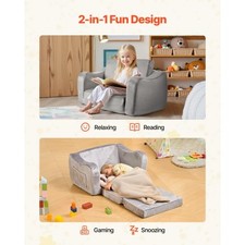 2-in-1 Kids Sofa, Foldable Toddler Soft Couch with Armrests, Made of 28D Sponge