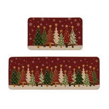 Red Christmas Tree Kitchen Rugs Set of 2, Snowflakes Winter Xmas Holiday Home...