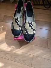 Tory Burch Espadrille Flats Colorblock Logo Black Esnenk Print Leather Size 9
