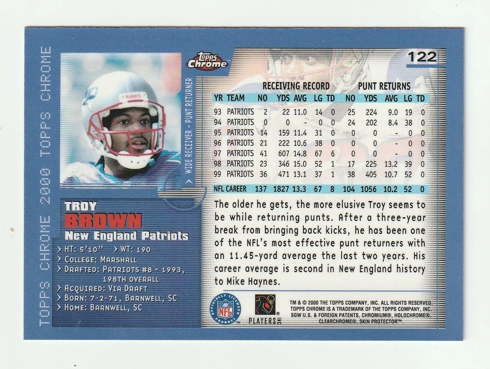 2000 Topps Chrome #122 Troy Brown card, New England Patriots - Image 2 of 2