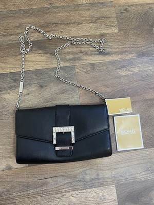 Michael Kors Medium Black Clutch With Silver Chain