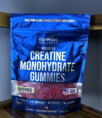 EcoWise Wellness Creatine Monohydrate Gummies 5000mg Strawberry 120Ct Exp 04/27