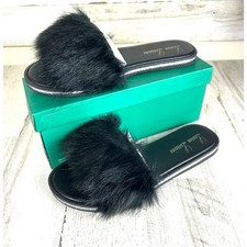 Lauren Lorraine Womens 10/11 Black Faux Fur Slip-On Slipper Slides Sadndal NEW