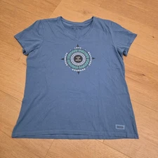 Life Is Good Crusher V Neck T Shirt Womens Size L Blue Mandala Compass Comfort