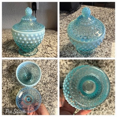 Fenton HOBNAIL BLUE OPALESCENT 7'' FOOTED COVERED CANDY DISH Vintage