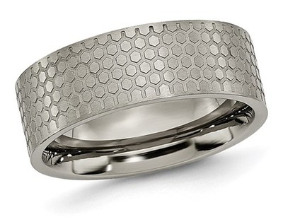 Mens Titanium Pattern Brushed Flat Band Ring 8mm