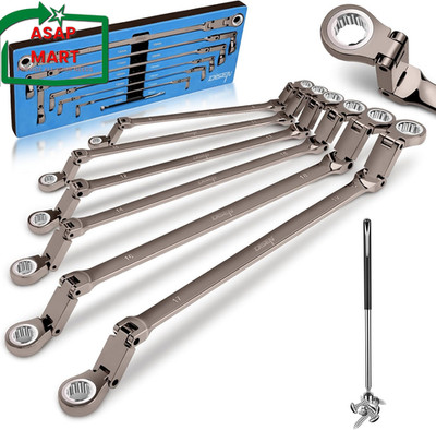 DISEN Upgraded Double Jointed Extra Long Flex Head Ratchet Wrench Set, 6 PCS Met