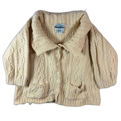 Aran Crafts Ireland 100% Merino Wool Cable Knit Cardigan Shawl Collar Cream L