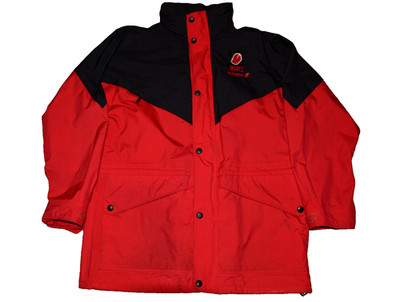 Vintage SCANDA rot & schwarz wasserdichte Jacke + Kapuze Herren Large