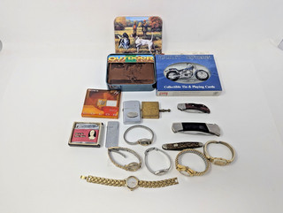 Junk Drawer Lot Lighters Watches Knives HD Playing Cards