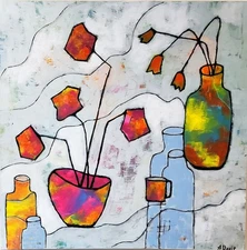 A.Z. Davis 24" x 24" Painting Colorful Modern Naive Folk Still Life Vase Flower