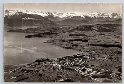 Cham Switzerland Lake Zug Swiss Alps Aerial View RPPC Postcard 1950s