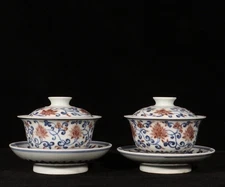 4.4''Xuande Dynasty blue white Porcelain red flower Lid Wine Tea Cup bowl pair