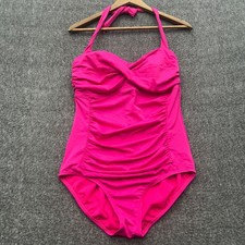 Jantzen Swimsuit 14 Pink One Piece Ruched Twist Halter Bathing Suit Retro Pin Up