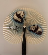 Vtg ASIAN Folding Hand Fan Panda Pandas Metal Handle