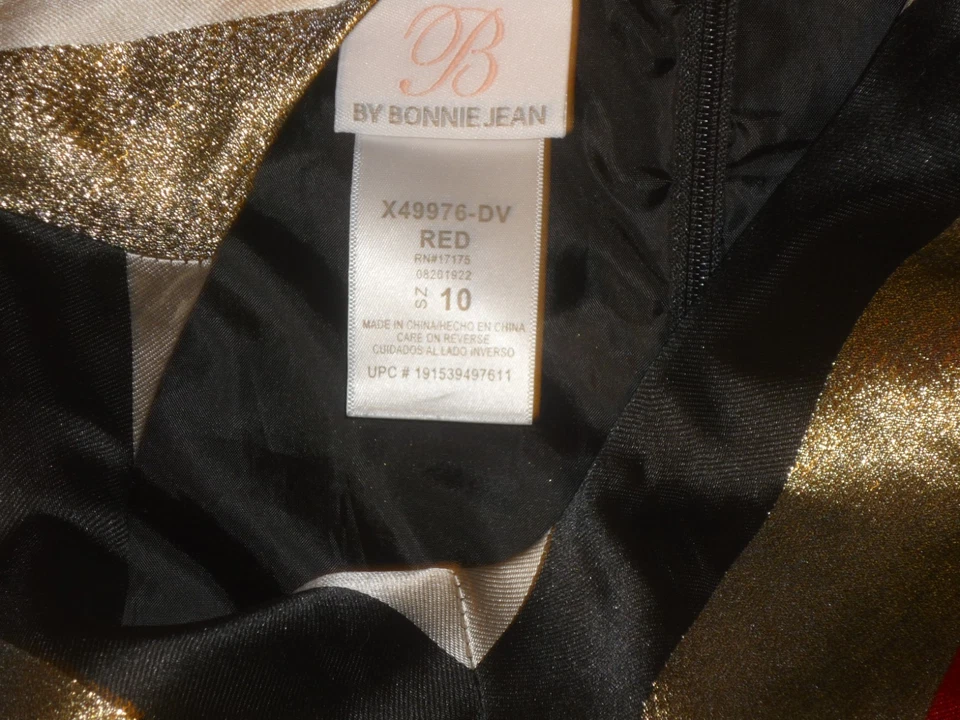 Girls' Bonnie Jean Taffeta Dress Red Gold Black Stripes Christmas Holidays Sz 10 - Image 4 of 4