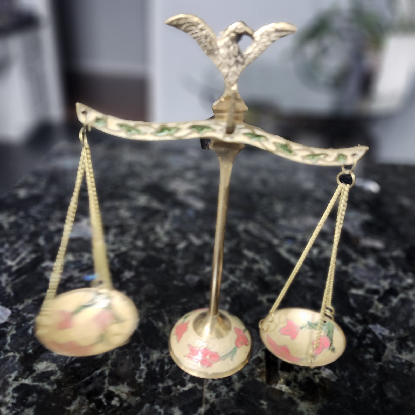 Vintage decorative brass balance scale with hand-painted floral  accents. 7.5"