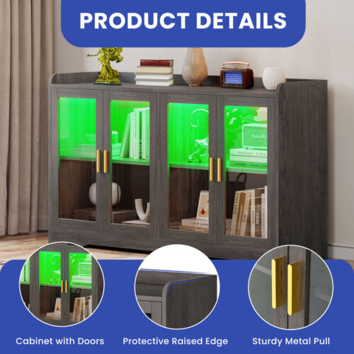 LED Kitchen Sideboard 55" Display Pantry Storage Organizer w/ Adjustable Shelves - Picture 4 of 10