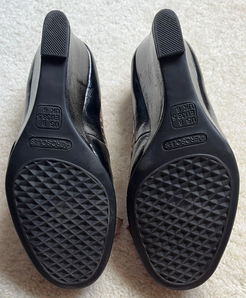 PEEP-TOE NEGRO CHAROL Y ESTAMPADO DE LEOPARDO CUÑA BOMBA CON LAZO MUJER TALLA 8 MED Foto 3 de 3