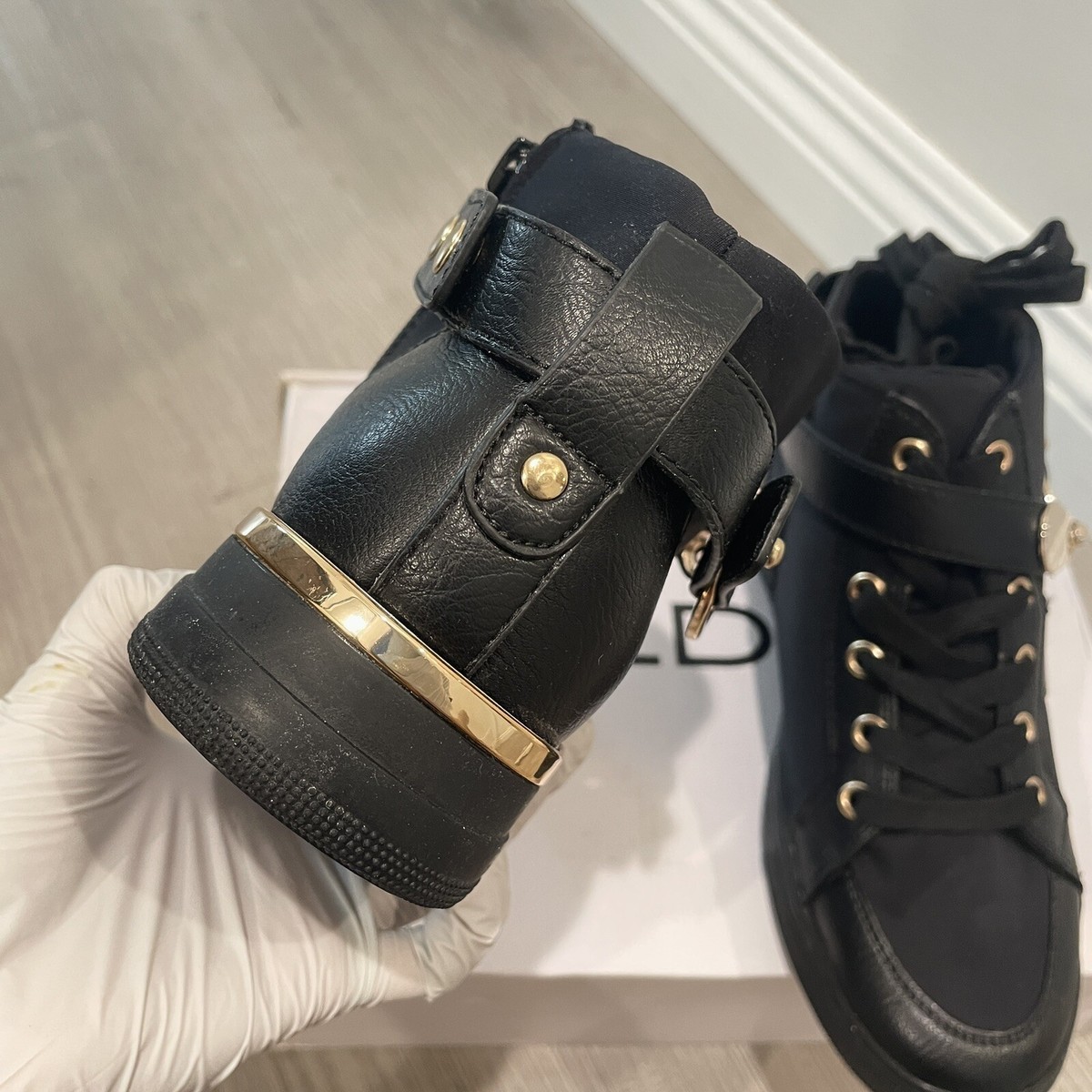 Aldo Women's Y2K Black Mid-Top Sneakers Zip Buckle Lace Up