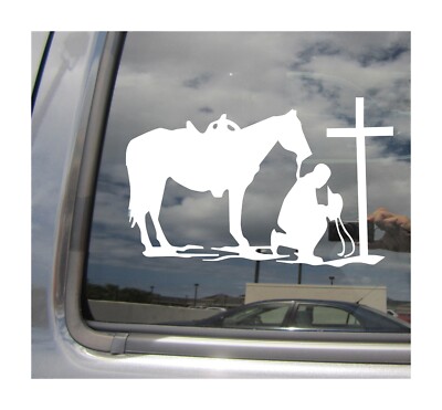 Cowboy Praying at Cross w/ Horse - Christ Christian Vinyl Decal Sticker 08354