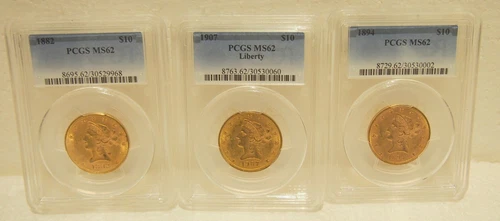 MS62 PCGS SET OF 3 US $10.00 LIBERTY GOLD COINS CIRCA(1882-1894 & 1907)