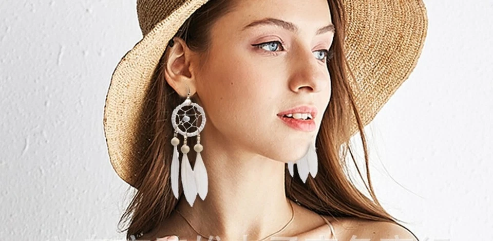 Women Jewelry Retro Boho Tassel Earrings Dream Catcher Feather Style Hoop Hook - Image 2 of 4