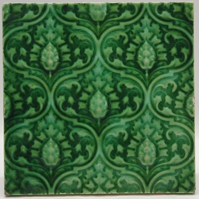 Antique Fireplace Tile Green Floral Moulded Majolica Minton Hollins & Co C1900