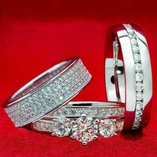 Couple Set 3Ctw White Round CZ Engagement Wedding 3 Pcs 925 Silver Ring Set