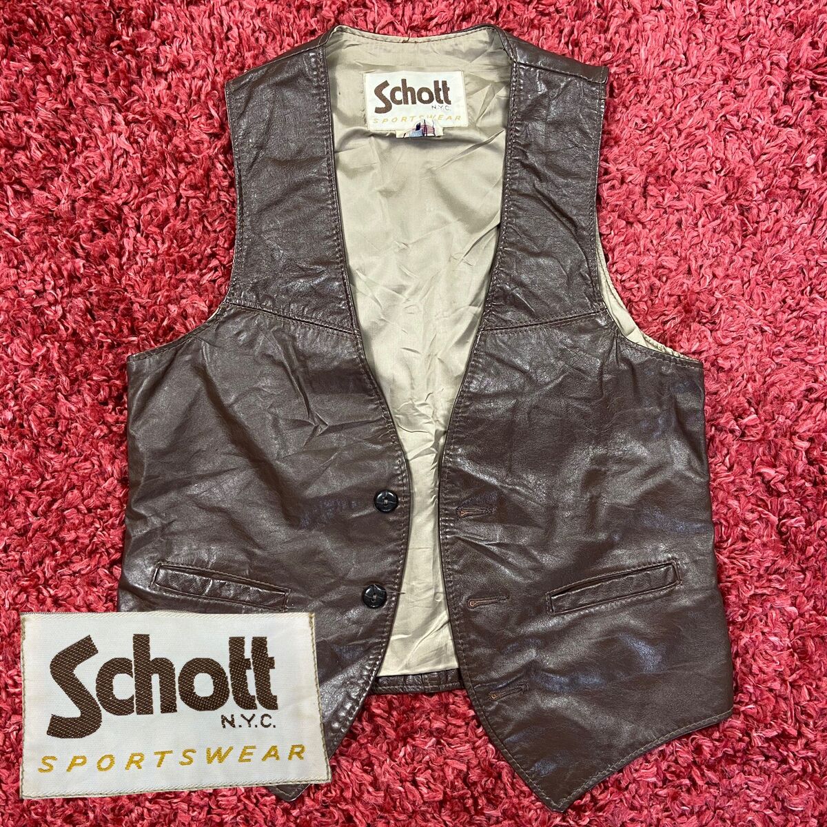 【2024正規激安】 NYC Schott 80s Vintage Sportswear eBay | Small USA In Made Vest Button Leather Brown トップス