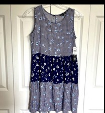 AS U WISH Women's S Navy Blue White Gingham Floral Tiered Dress Sleeveless