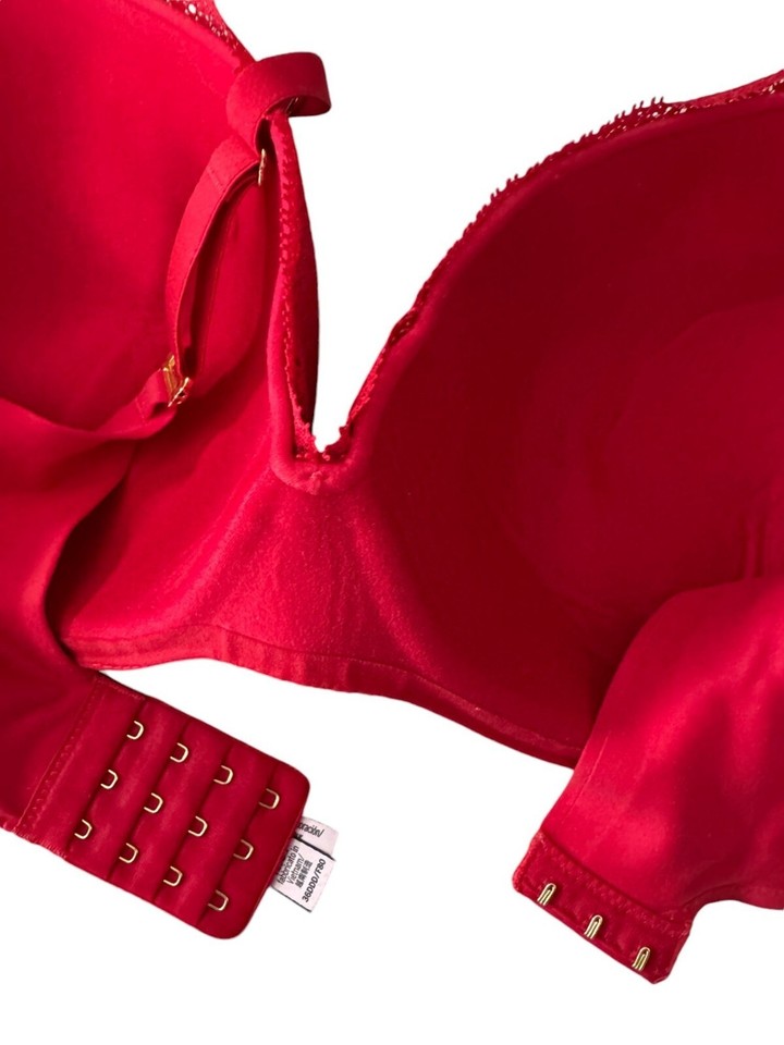 Victorias Secret 36DDD Red Lined Demi Bra Lace Trim Adjustable Straps