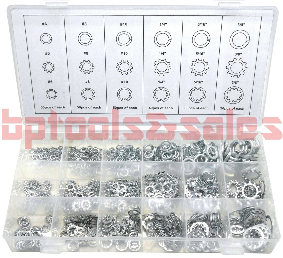 CAL HAWK TOOLS 720pc ASSORTMENT SPRING LOCK EXTERNAL & INTERNAL TOOTH LOCK WASHER SET 18 SIZES
