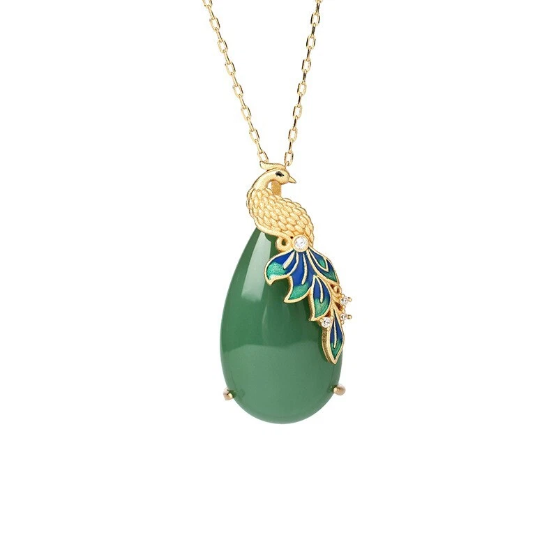 Pingente de jade colar berloque corrente folheada a ouro 18K pássaro fênix pedra preciosa delicada - Imagem 4 de 4