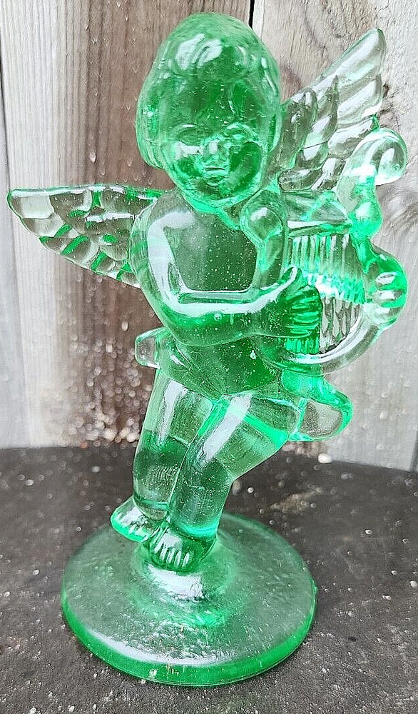 Key Lime Green Selenium Art Glass Angel Figurine With Harp Shines Pink / Orange