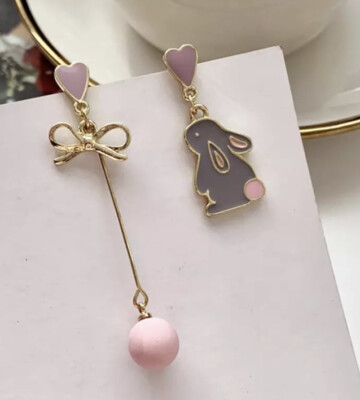 Kawaii Bunny Pink Heart Mismatch Asymmetrical Cute Korean