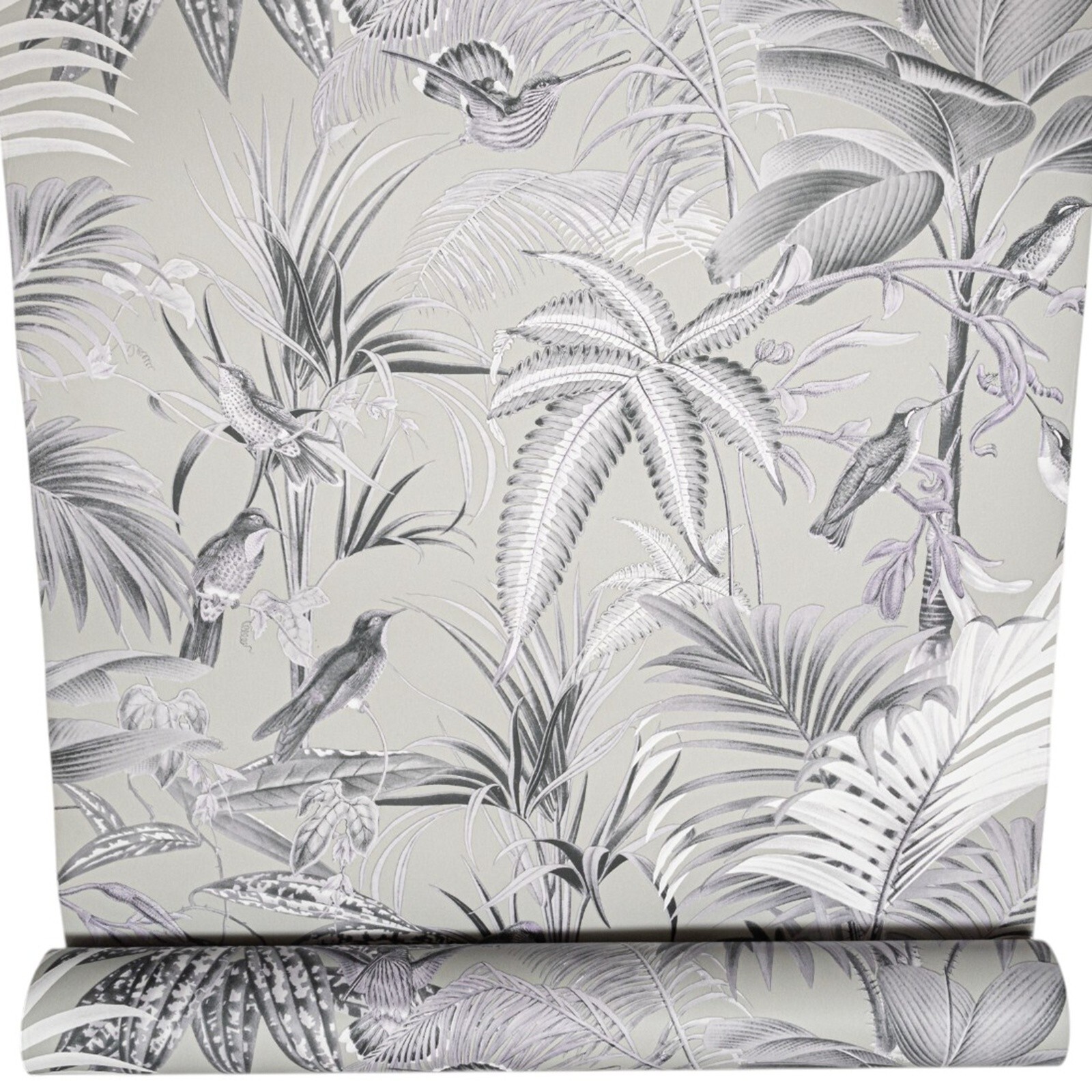 Sophie Laurence Tropical Rain Forest Birds Jungle Palm Moonlight Grey Wallpaper