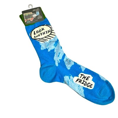 Blue Q Crew Socks Mens 7-12 Size Look Within The Fridge Blue Novelty NEW Tags
