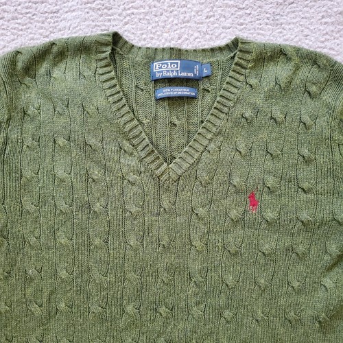 Vintage Polo Ralph Lauren Sweater Mens Large Green Tussah Silk Cable Knit V Neck - Picture 2 of 18
